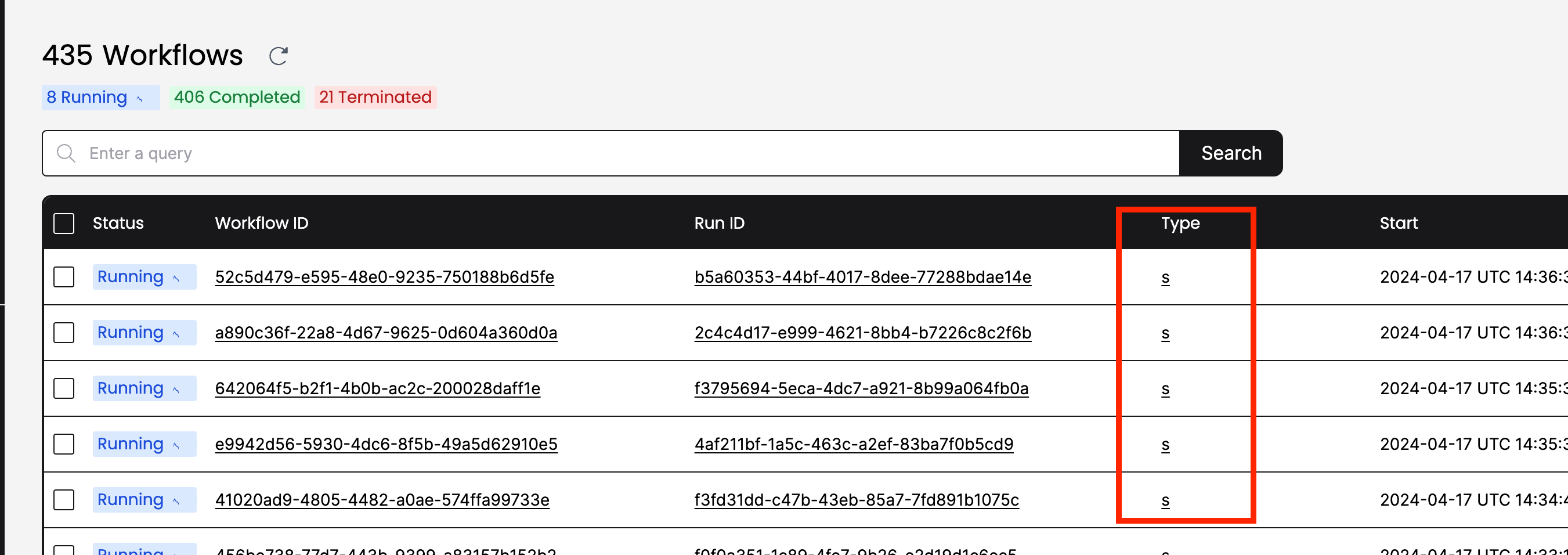 Temporal Web UI showing stripped &quot;Workflow Type&quot; entries, in this case the single letter &#39;s&#39;